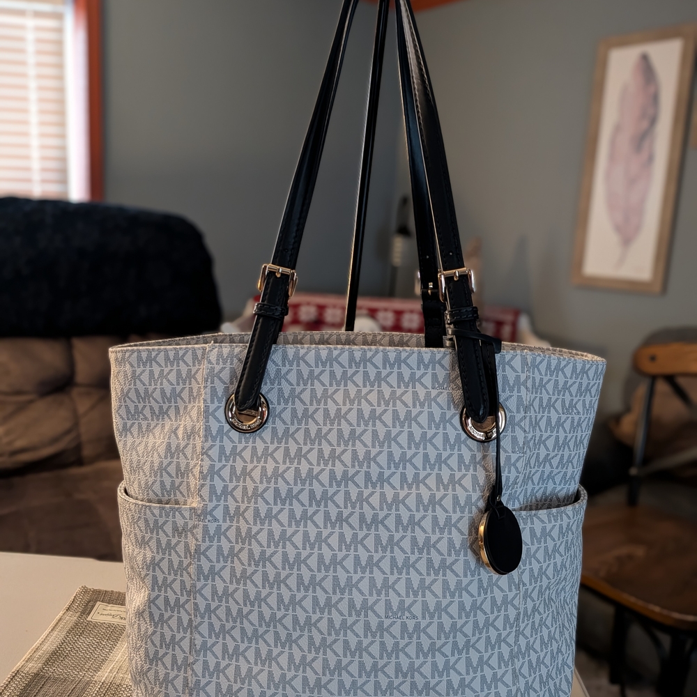 Michael Kors Jet Set Navy Gray & White MK Logo Tote with Navy Handles
